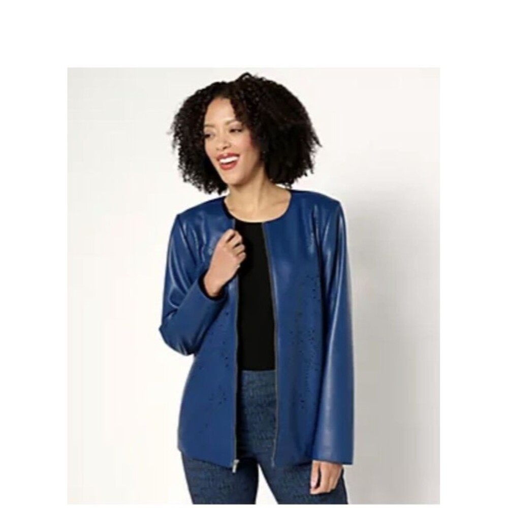 Susan Graver Women's Jacket Sz XL Faux Leather Laser Cut Detail Blue A672546 NEW